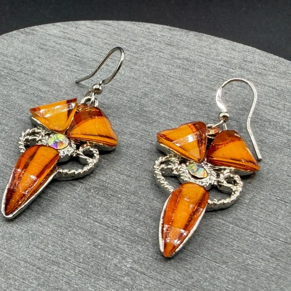 Orange Crystal Rhinestone Silver Tone Dangle Earrings Statement Boho Festival